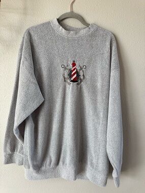 VTG! Gray Sherpa Pullover Sweater with Nautical Lighthouse Embroidery. Size XL
